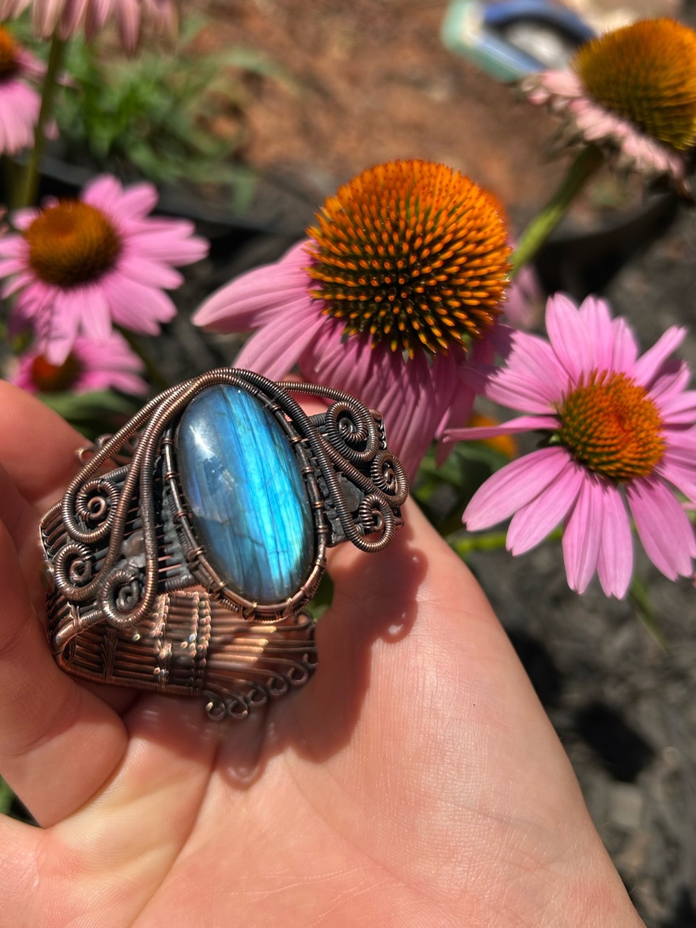 Handmade Copper Wire Wrapped Labradorite Statement Cuff Bracelet